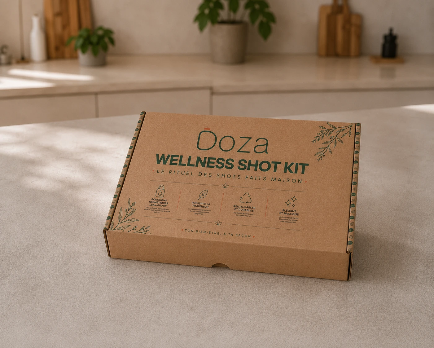 La boîte kraft DOZA Wellness Shot Kit, avec son identité verte et ses motifs végétaux
