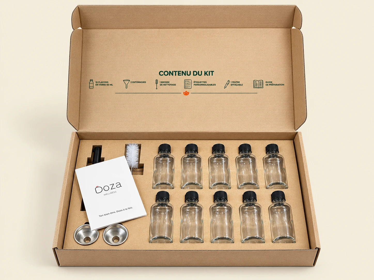 Kit DOZA ouvert avec dix flacons en verre vides de 50 ml, bouchons noirs et accessoires